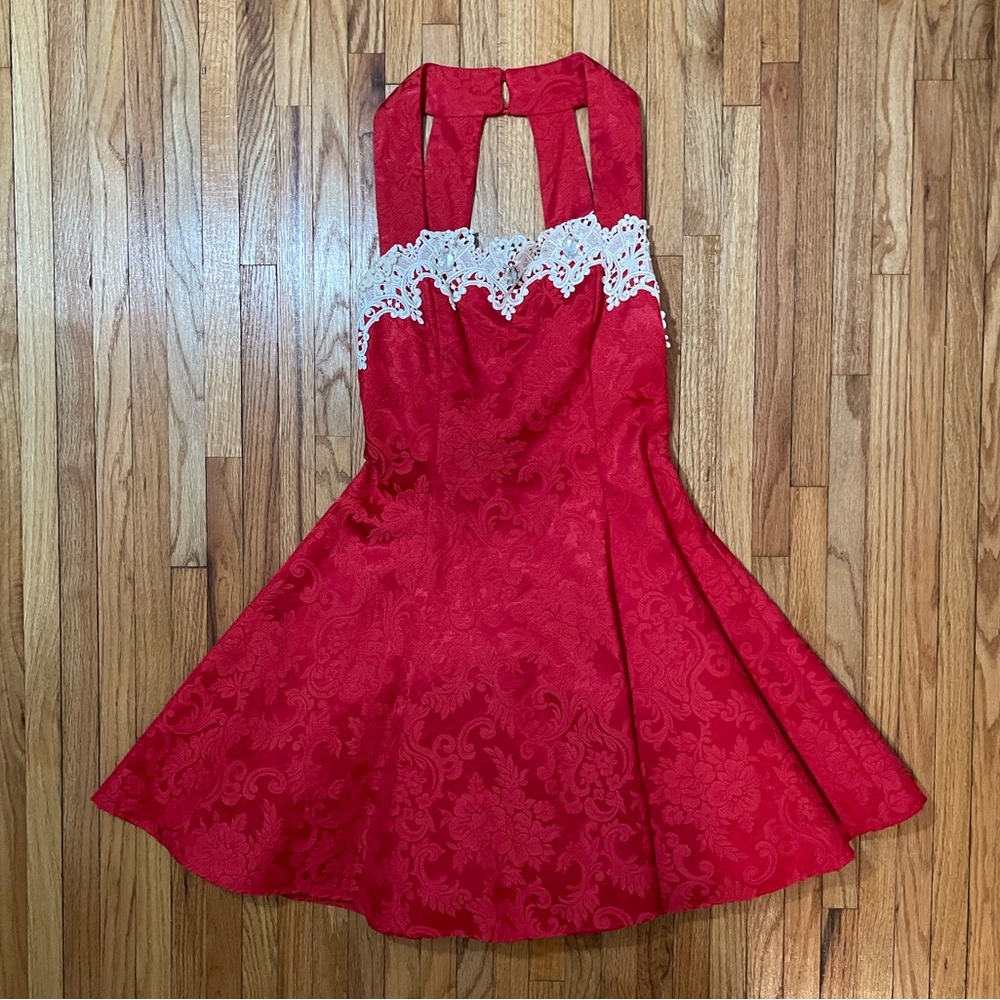Red Halter Mini Dress with White Lace Trim